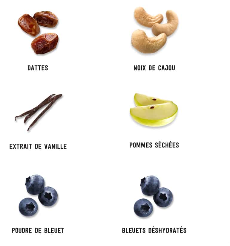 Dattes, noix de cajou, extrait de vanille, pommes séchées, poudre de bleuet, bleuets déshydratés