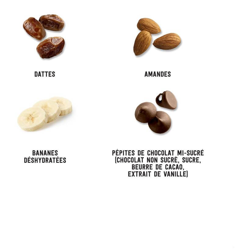 Dattes, Amandes, Bananes déshydratées, Pépites de chocolat mi-sucré (chocolat non sucré, sucre, beurre de cacao, extrait de vanille), Pommes déshydratées, Sel de mer, Extrait de vanille.)