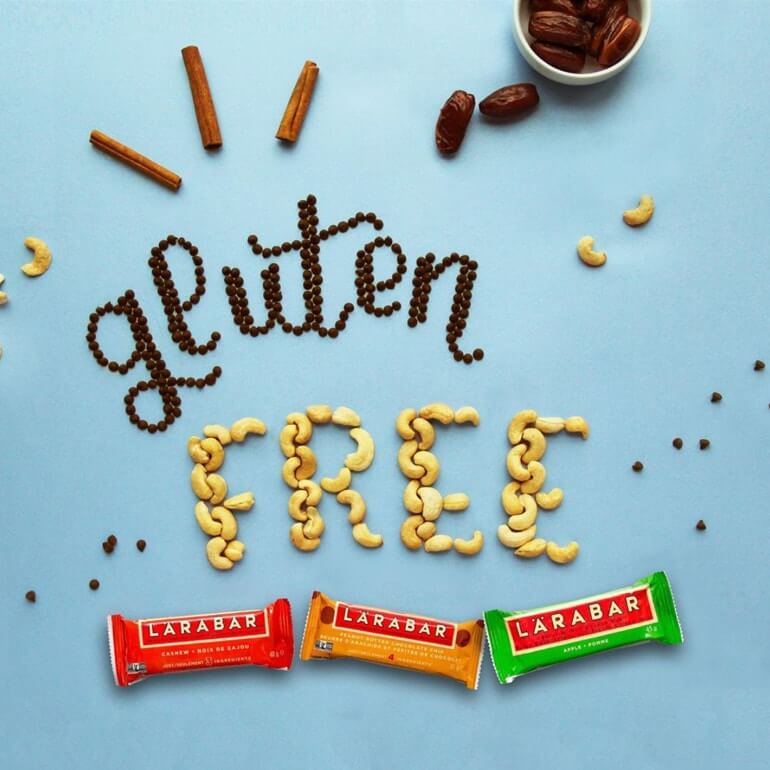 gluten free spelled out with ingredients and three Larabar's at the bottom of the image.