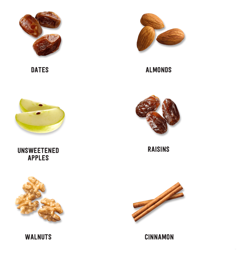 Dates, Almonds, Unsweetened Apples, Raisins, Walnuts, and Cinnamon