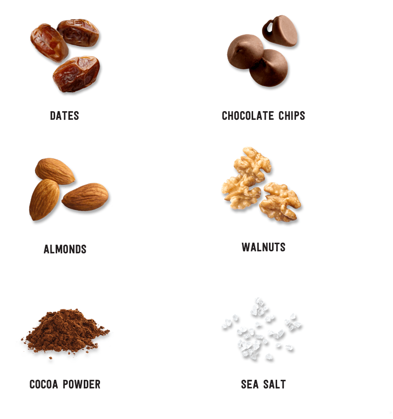 Dates, chocolate chips, almonds, walnuts, cocoa powder, sea salt