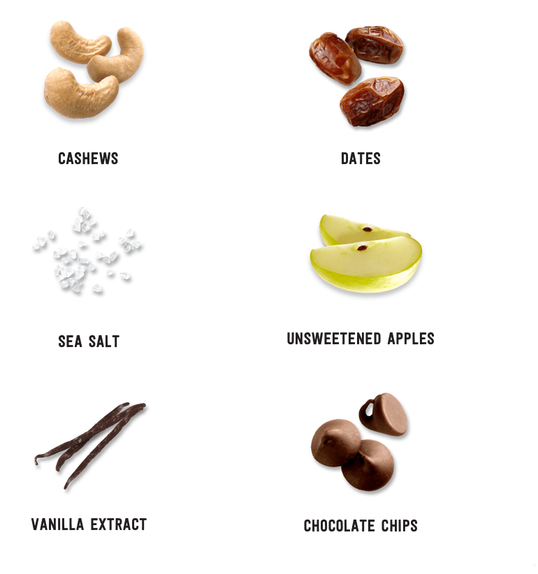 Cashews, dates, sea salt, unsweetened apples, vanilla extract, chocolate chips