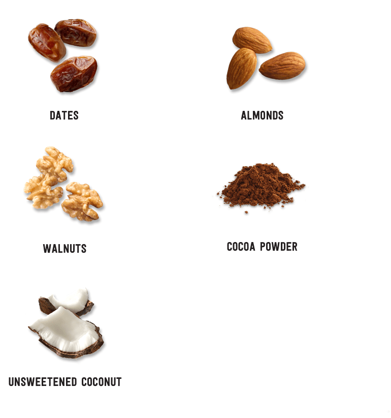Dates, almonds, walnuts, cocoa powder, unsweetened coconut