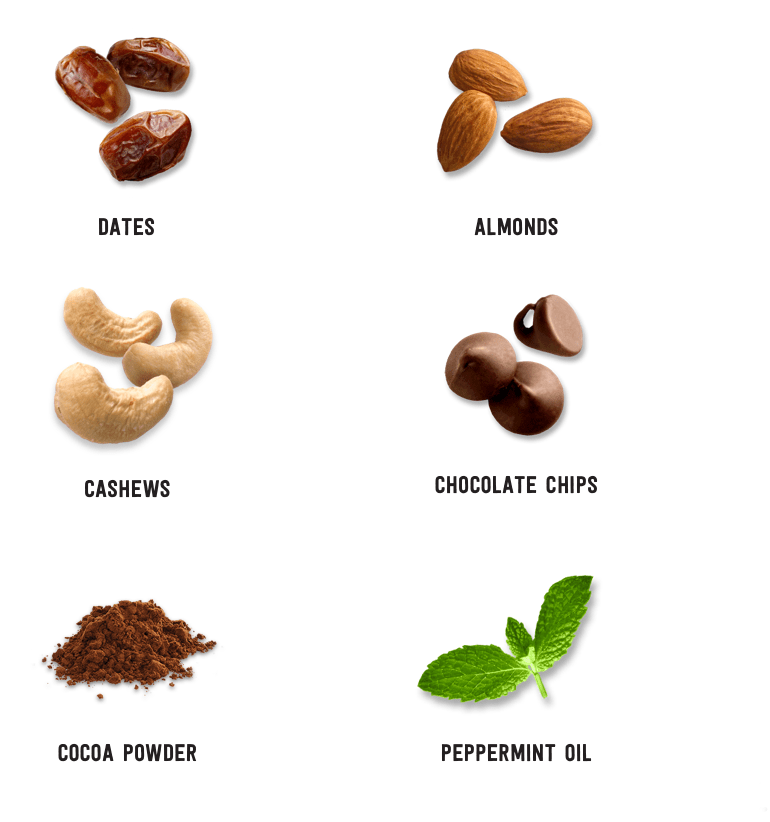 Dates, almonds, cashews, chocolate chips, cocoa powder, peppermint oil