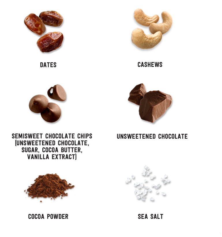 Dates, Cashews, Semi-Sweet Chocolate Chips, Unsweetened Chocolate, Cocoa Powder, Sea Salt