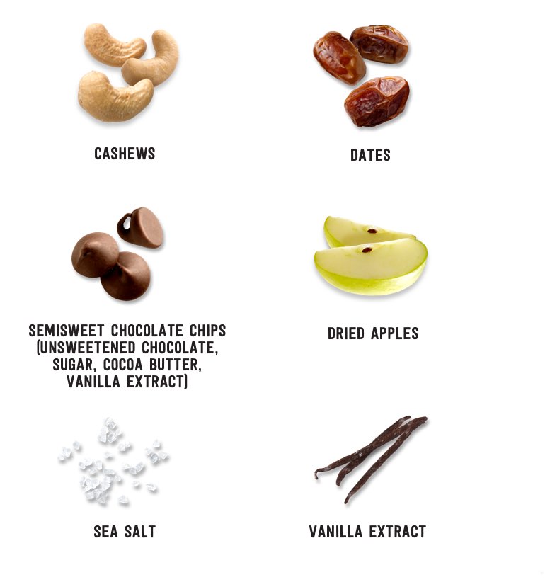 Cashews, Dates, Semi-Sweet Chocolate Chips, Dried Apples, Sea Salt, Vanilla extract