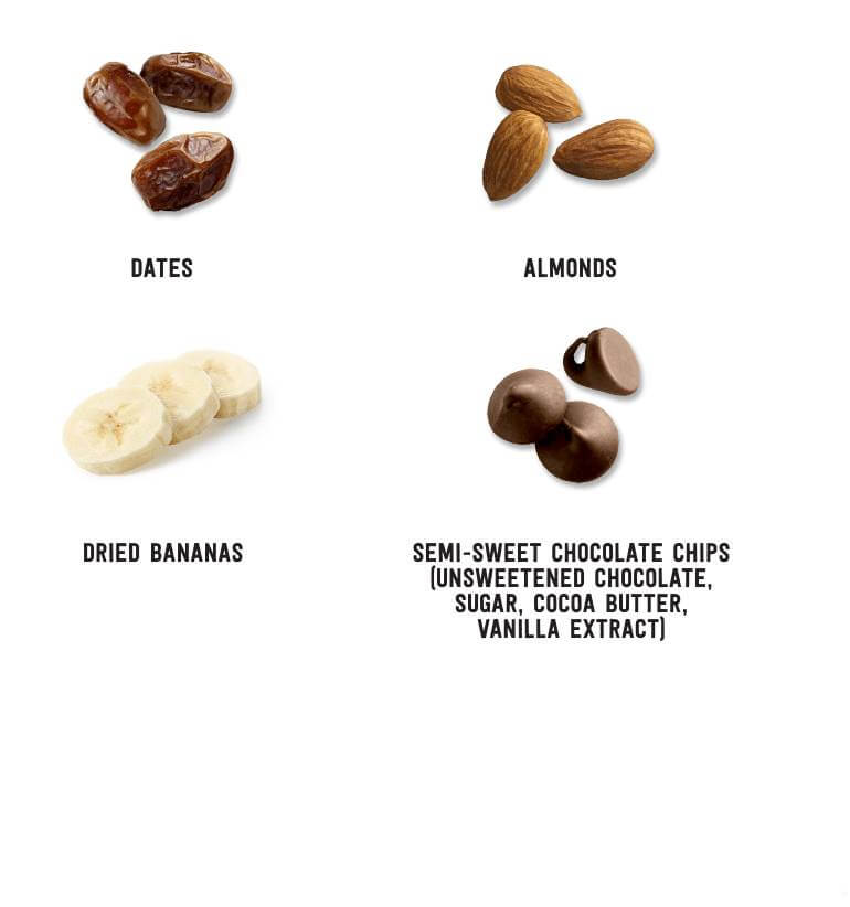 Dates, Almonds, Dried bananas, Semisweet chocolate chips,
